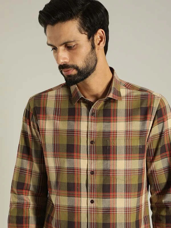Indian Terrain Men's Slim Fit Full Sleeve Checkered Green Shirt